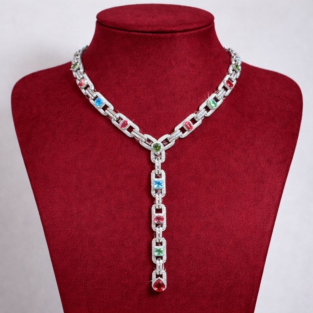 Silver Multicolor Gemstone Necklace 17inch